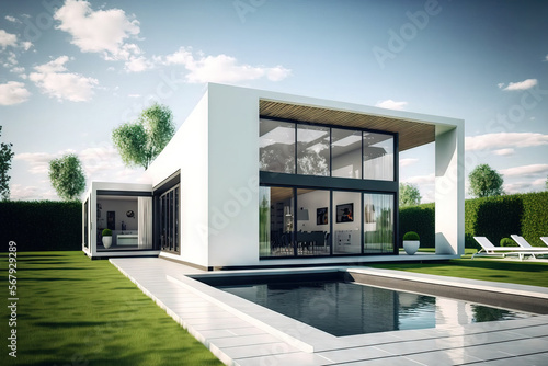 Modern villa with an open floor plan and a separate wing for the bedrooms is a design house. Large terrace with pool and privacy from the home. a small, covered deck for relaxing and using the sauna
