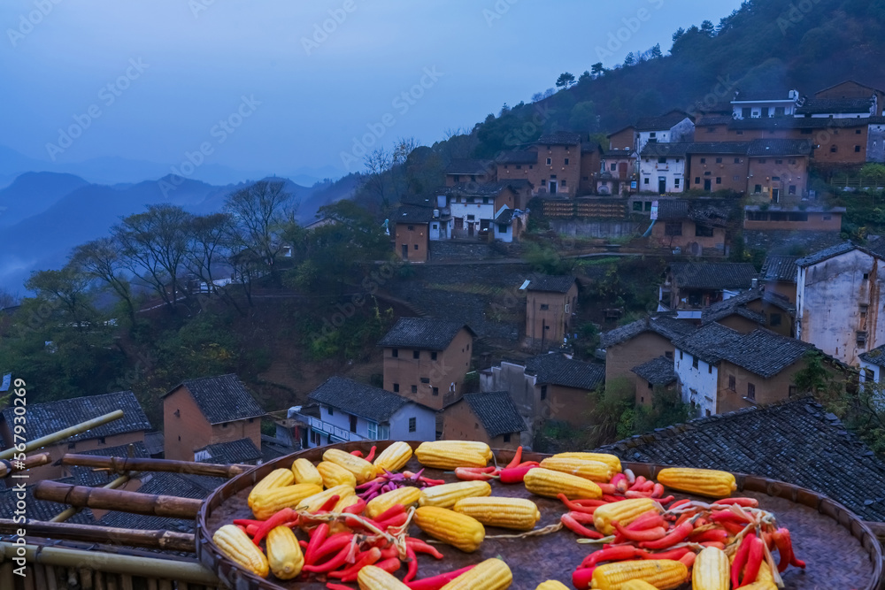 Ancient buildings and morning beauty in the mountains of Anhui Province, China