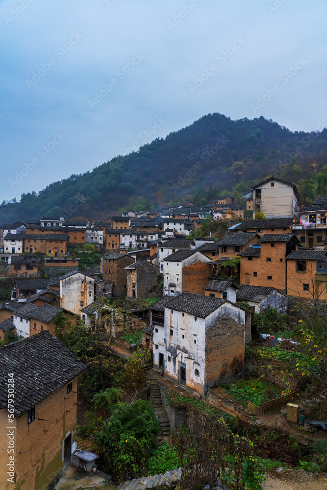 Ancient buildings and morning beauty in the mountains of Anhui Province, China