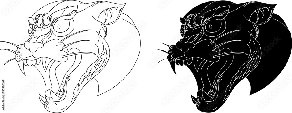 Fototapeta premium Black and white silhouette tiger.Traditional Japanese tiger head for printing on shirt on white background.