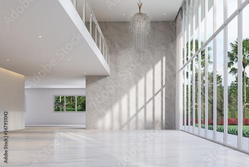 Quadro su tela Modern style luxury white empty room with garden view 3d render There are gray m