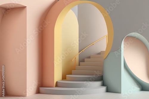 white staircase in a building arch and curly stairs minimal design, 3d illustration made with generative ai, pastel color