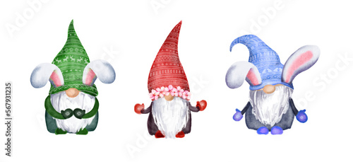Easter gnomes with bunny ears set. Watercolor vector hand drawn cute dwarf family Easter holiday design collection