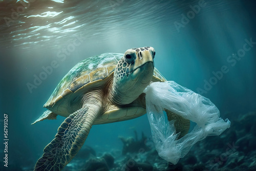 Turtles eating plastic bags due to ocean plastic pollution is an environmental issue. Generative AI