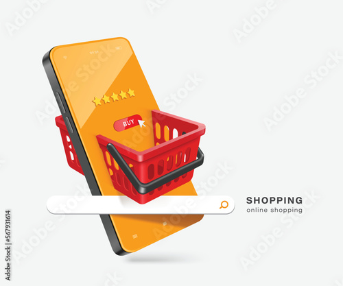 Red shopping basket displayed on smartphone screen At top there is button with buy icon and five stars representing premium product being sold to customers