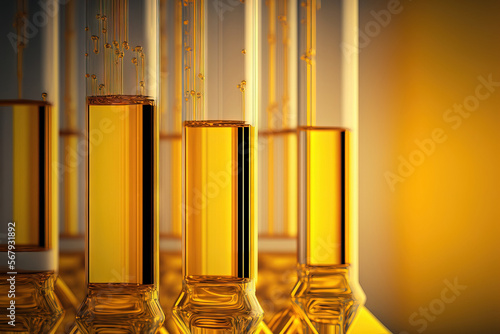 Close up of glass test tubes with thick yellow liquid in a scientific setting. evaluating the refinement idea for petroleum products. Generative AI