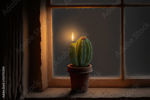 A little cactus plant may be seen inside, between candlelight near to a window. Generative AI