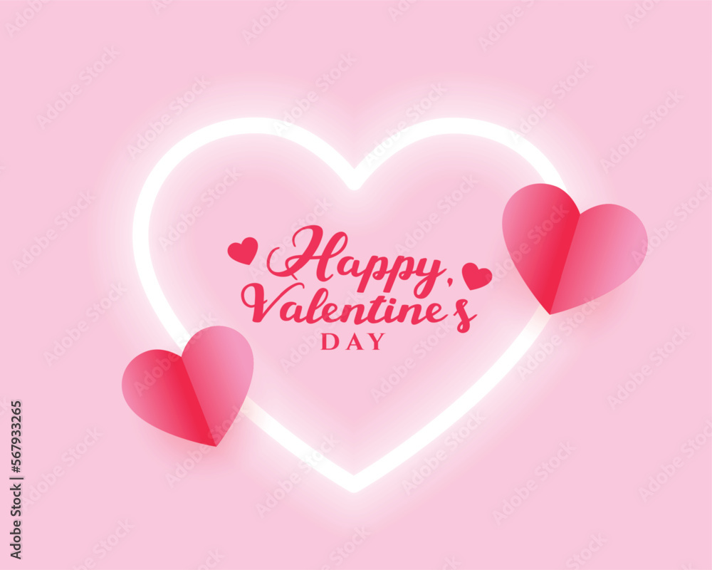 valentines day greeting with cute paper hearts and neon frame