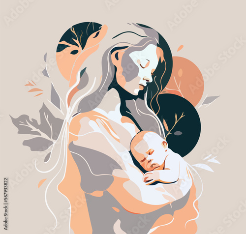 Tender illustration with a woman with a baby in her arms. Postcard for Mother's Day. Postpartum happy period. The concept of motherhood and health. Pastel natural colors.