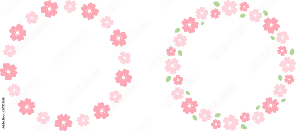 Round Cherry Blossom Frame. Cute Floral Wreath Border.