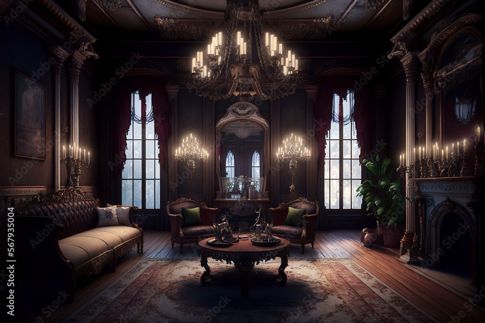 victorian-style room, featuring ornate furnishings and chandeliers (AI Generated)