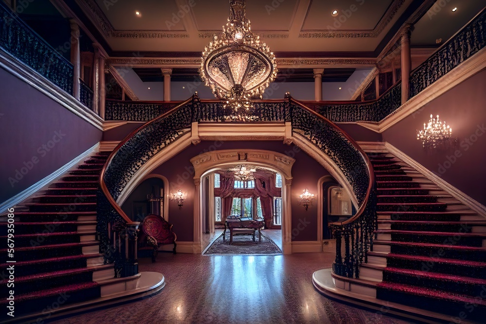 grand foyer, featuring a sweeping staircase, ornate moldings, and a chandelier (AI Generated) - obrazy, fototapety, plakaty 