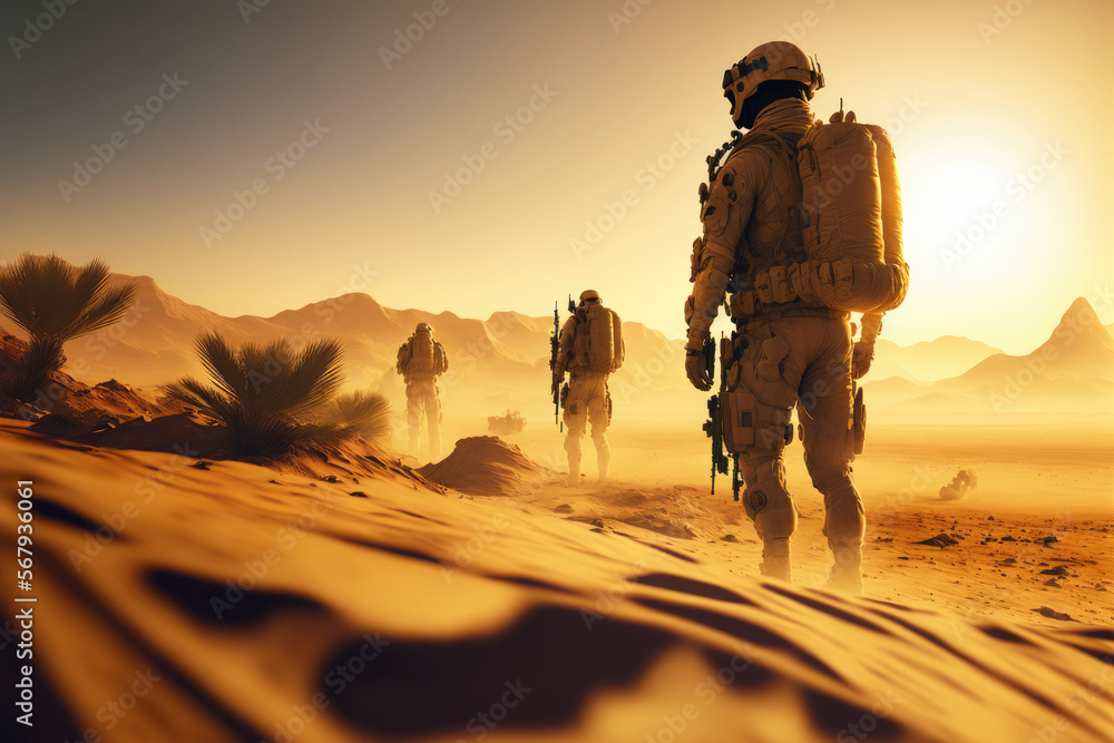 Squad of fully equipped and armed Soldiers walking patrol on Desert in Sunset Light, generative ai