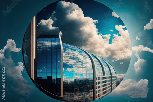 Photographie Business industrial metropolis with reflections of the blue sky and clouds in mirror windows, gorgeous abstract modern circular building