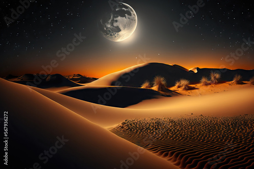Sand dunes in the desert at night. Generative AI