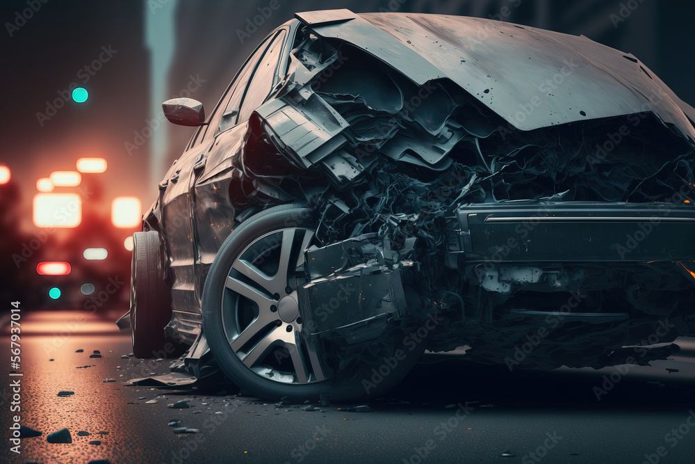 vehicle damage following a collision in the city, car accident on the street. Generative AI vehicle damage following a collision in the city, car accident on the street. Generative AI