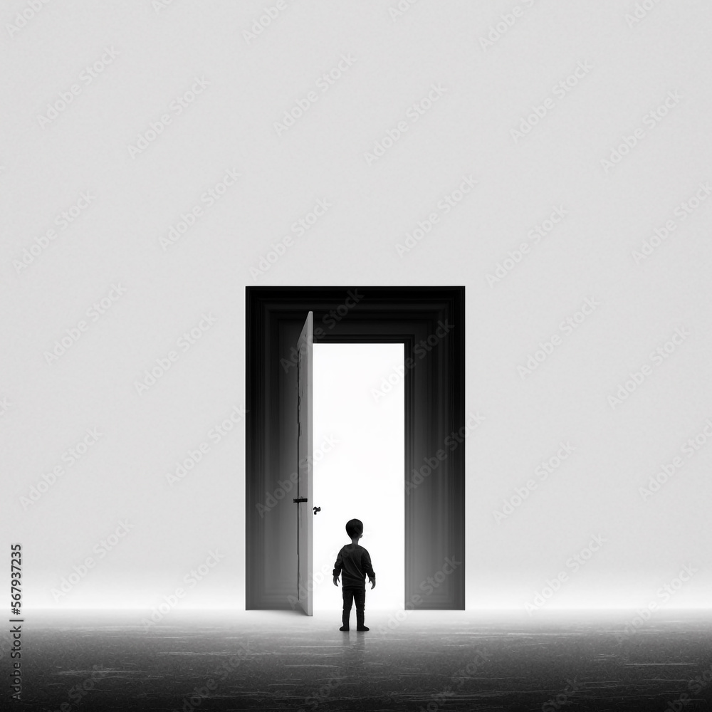 Minimalist illustration of a person in front of a door Minimalist illustration of a person in front of a door