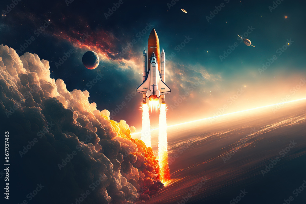 The brand new space shuttle soars into the breathtaking starry sky. starting a space voyage and universe exploration. successful launch of a rocket. Launch of a rocket into space with brilliant bright