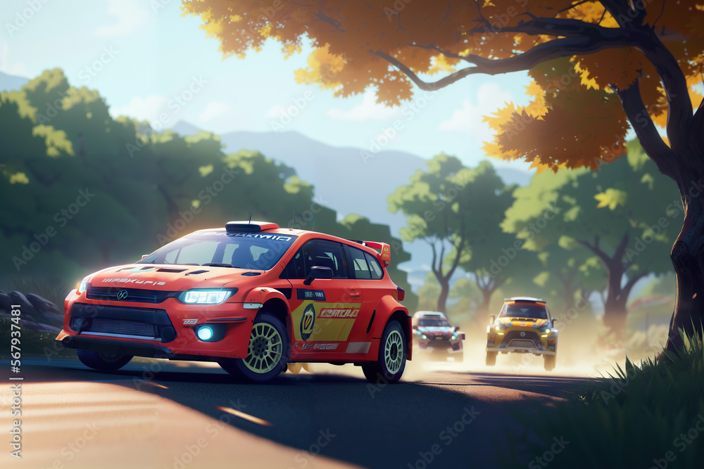 Rally Car Race in Full Speed Across the Autumn Landscape in a Blazing Red Car Generative AI Art Illustration
