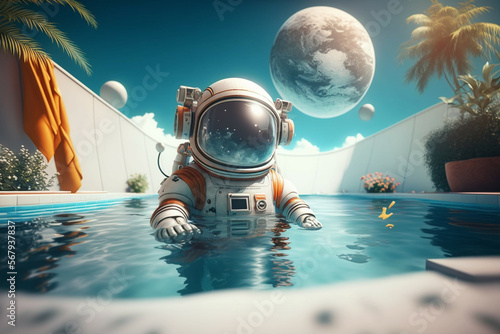 Pool party with astronaut splashing around, summer scene. Generative AI
