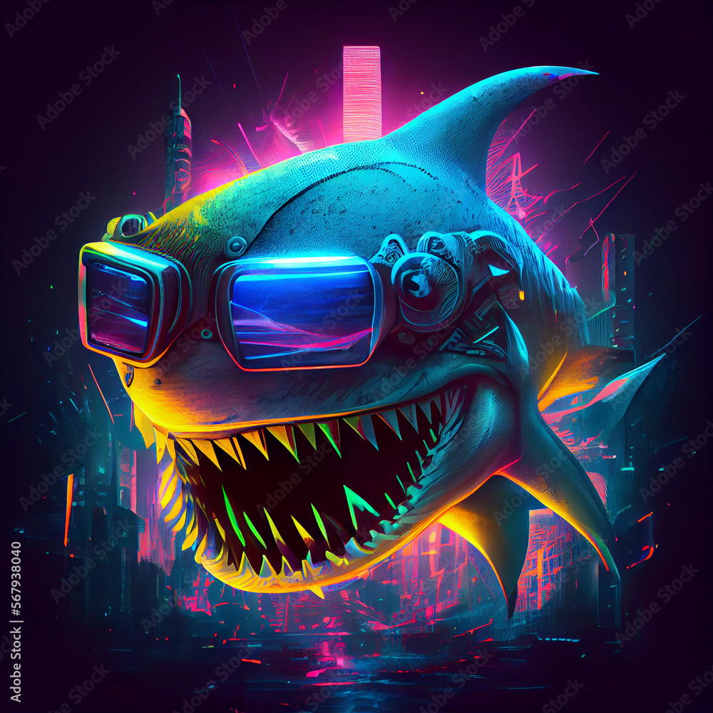 Hammer shark fish cyberpunk style. Generative Ai. - obrazy, fototapety, plakaty 