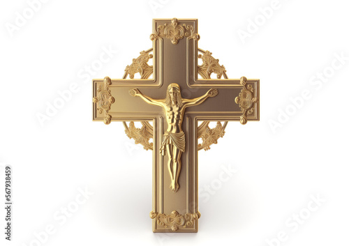 Fototapeta Golden crucifix cross with Jesus isolated on white. Generative AI