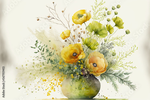 Wild flower arrangement in watercolor with delicate yellow ranunculus and abstract branches, set against a white background. Generative AI