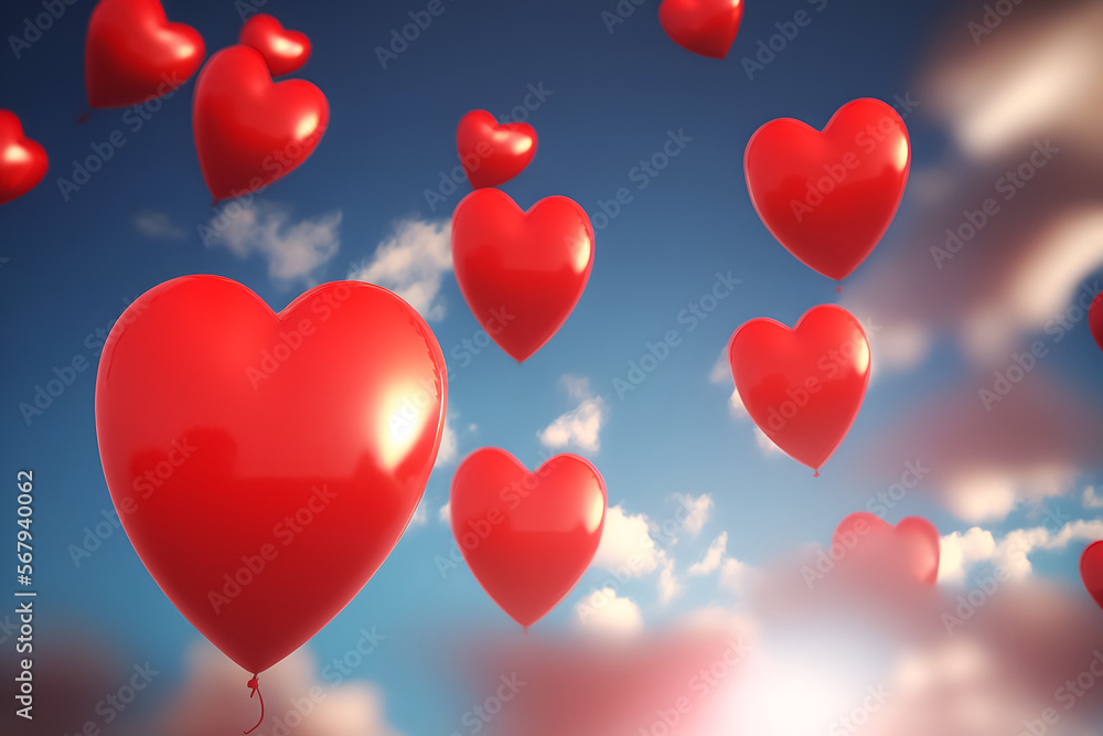 Bunch of heart shaped balloons in blue sky, valentine's day concept romantic generated by AI