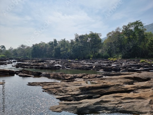 Huge visible river rock valley in the summer at Chalakudy river, Thrissur, Kerala, India. 