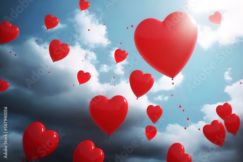 Bunch of heart shaped balloons in blue sky  valentine s day concept romantic generated by AI