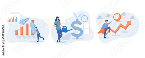 Finance growth illustration set. Characters analyzing investments, celebrating financial success and money growth. Money increasing concept. set  flat vector modern illustration