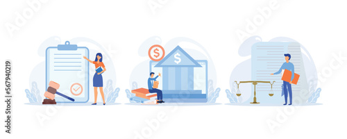 Law and justice illustration set. Characters and lawyers signing contract, agreement or document. Public law consulting and legal advice concept. set  flat vector modern illustration
