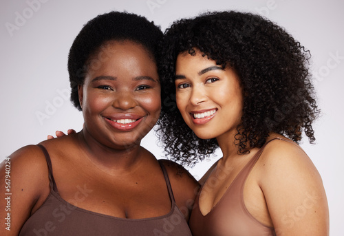 Beauty, wellness and portrait of African women for skincare, dermatology and body positive in studio. Spa aesthetic, self love and face of happy girls for luxury cosmetics, makeup and natural glow