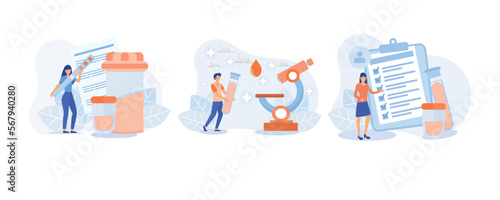 Medical tests illustration set. Laboratory doctor or chemist testing patients urine and blood samples. Health care and medicine concept.set  flat vector modern illustration