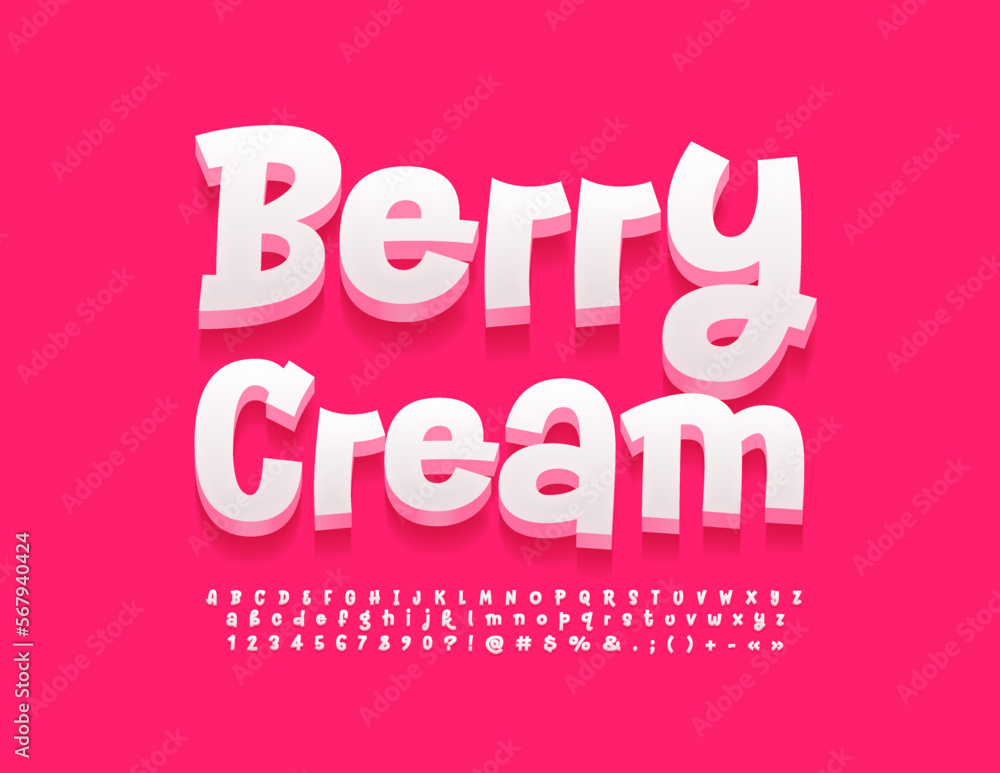 Vector sign Berry Cream for Dessert, Cafe, Menu. Funny White Font. Cute style Alphabet Letters, Numbers and Symbols set Vector sign Berry Cream for Dessert, Cafe, Menu. Funny White Font. Cute style Alphabet Letters, Numbers and Symbols set