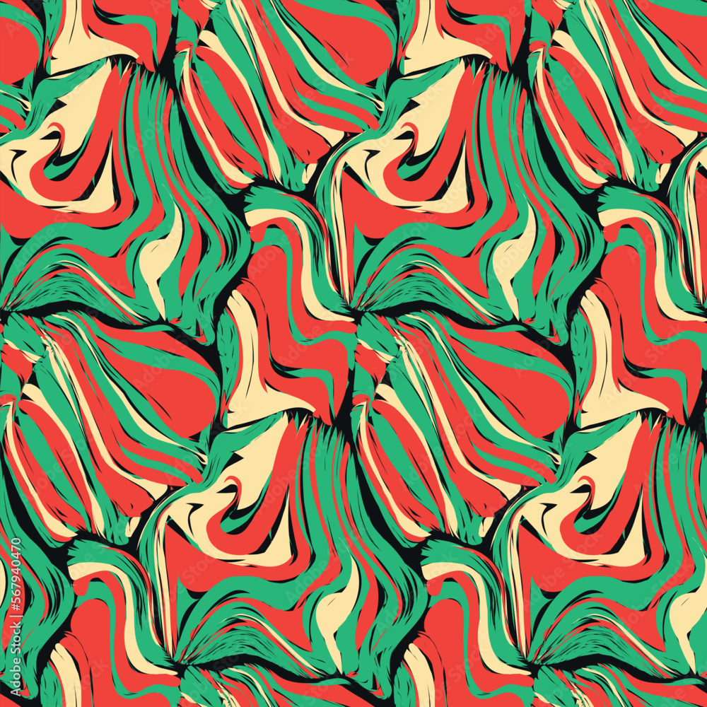 Seamless floral pattern, abstract texture with psychedelic retro motif. Stained green and red paint on a black surface. Layered background with flowing striped shapes. Vector illustration.