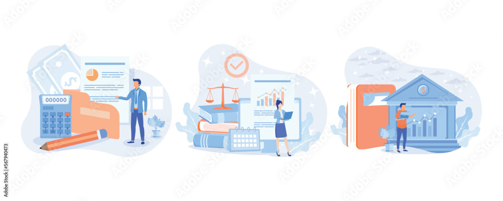 Obraz Financial illustration set. Lawyers working with public finance, tax law and other economics branches. Government spending, revenue and taxation concept.set  flat vector modern illustration 