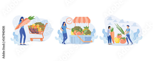 Grocery vegetables illustration set. Character buying online and putting in shopping basket or cart fresh vegetables and grocery items. Grocery food and healthy eating concept.set  flat vector modern 
