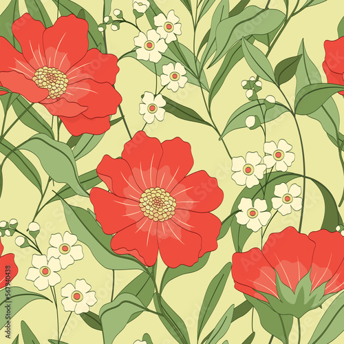 Seamless floral pattern, vintage flower print with large wild plants. Beautiful botanical design with hand drawn red flowers, leaves, herbs on a green background. Vector illustration.