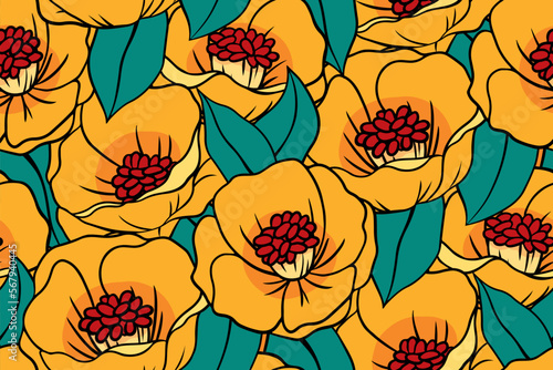 Seamless floral pattern with large yellow flowers. Linear flower print, botanical design with retro motif: hand drawn flowers, leaves in tight arrangement. Vector illustration.