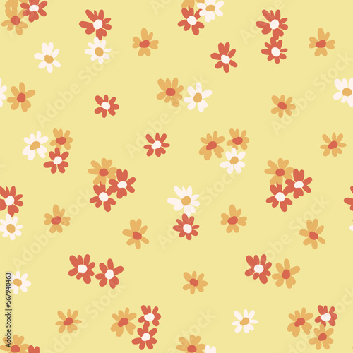 Seamless floral pattern, cute ditsy print with mini flowers heads. Simple botanical design with a retro motif: small hand drawn flowers in a liberty arrangement on a light background. Vector.