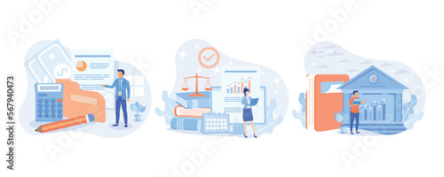 Financial illustration set. Lawyers working with public finance, tax law and other economics branches. Government spending, revenue and taxation concept.set  flat vector modern illustration 