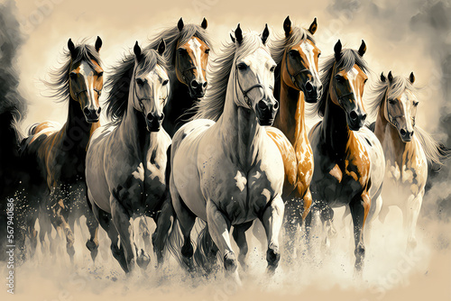 illustration paintings seven horses of successful unique wall paintings (ai generated)