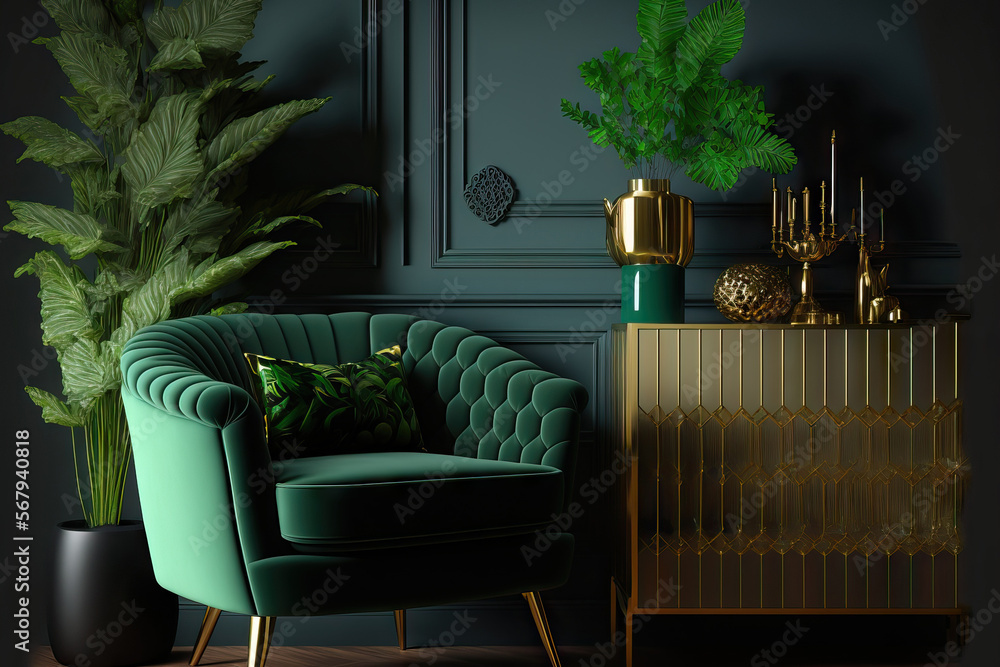 Interior decoration of a luxurious living room with a chic armchair, a