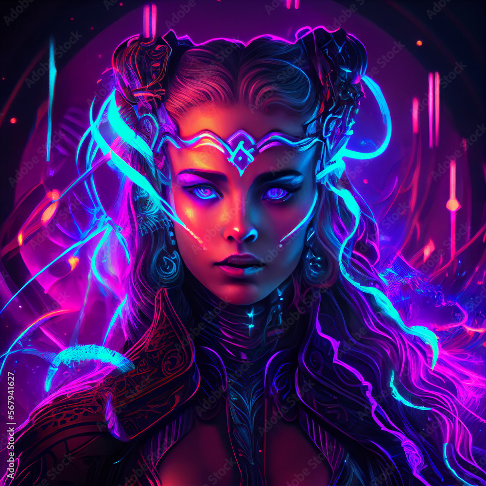 Cyberpunk Cerridwen Celtic goddess of knowledge. Generative Ai. Cyberpunk Cerridwen Celtic goddess of knowledge. Generative Ai.