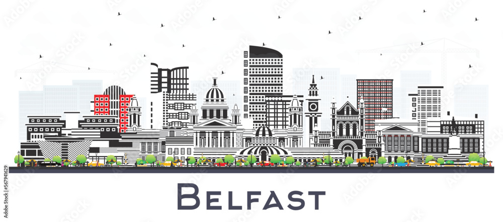 Belfast Northern Ireland City Skyline with Color Buildings Isolated on White. Vector Illustration. Belfast Cityscape with Landmarks.