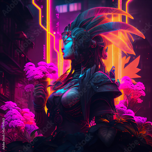 Cyberpunk Chumash Indian goddess of the flower. Generative Ai. photo