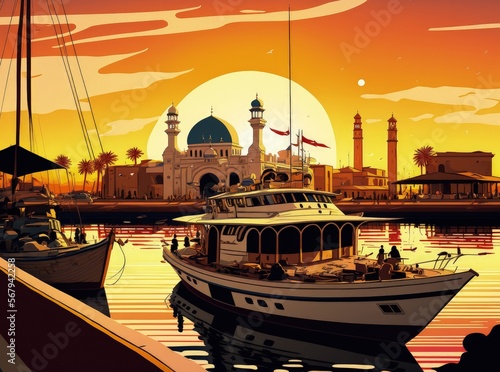 Boats on the Dammam seafront with a sunrise backdrop. in Saudi Arabia, Dammam. Generative AI photo
