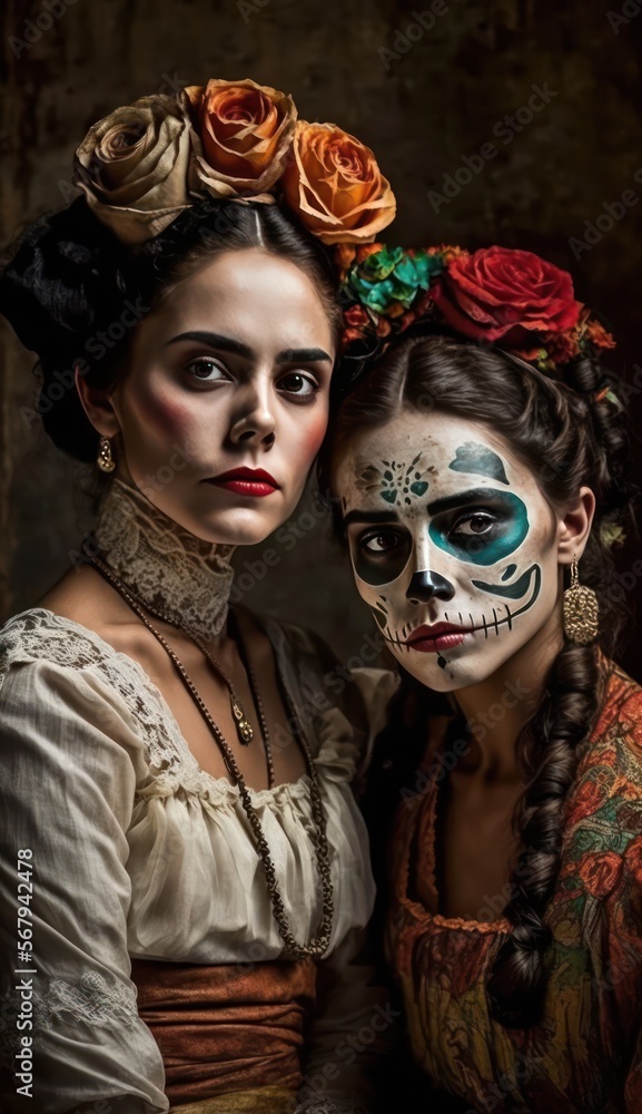 Dia de los muertos, Mexican holiday of the dead and halloween. Woman and her daughter with sugar skull make up and flowers. generative AI