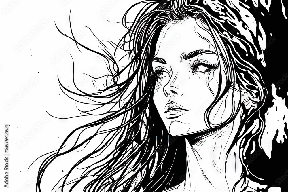 Stunning girl's face. Pretty young lady picture and the idea of beauty. continuous painting in one line. a black and white image. Generative AI Stunning girl's face. Pretty young lady picture and the idea of beauty. continuous painting in one line. a black and white image. Generative AI